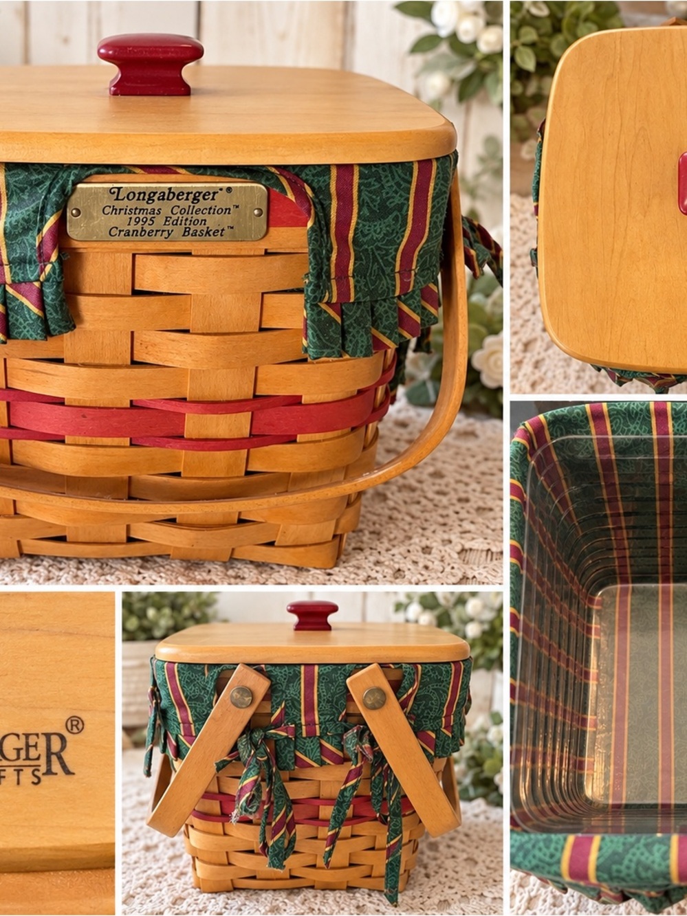 Longaberger Red & Green Trim Woven Picnic Basket with Wood Lid